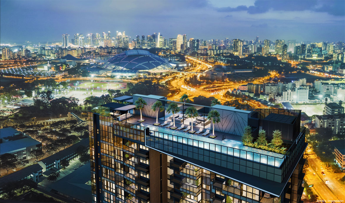 Arena Residences is released by Roxy-Pacific Holdings View of the sports Hub and city skyline from the rooftop